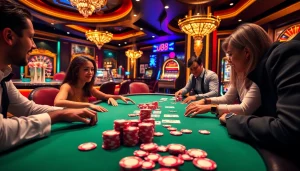 Experience the thrilling atmosphere of u88 in an upscale casino filled with poker chips, cards, and roulette wheels.