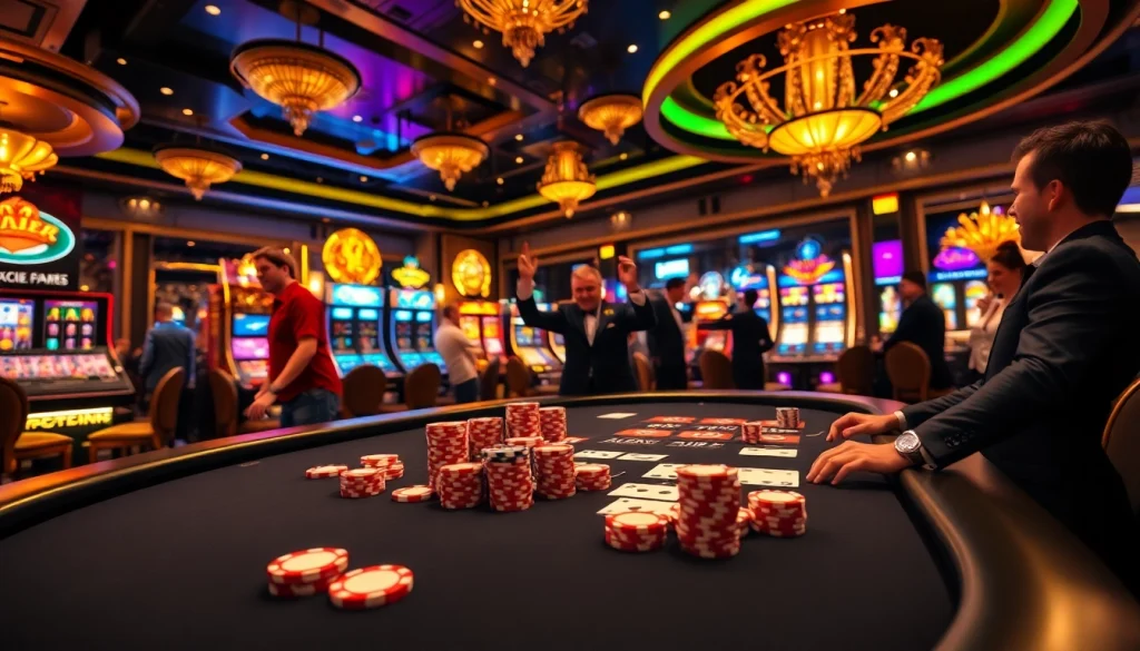 Trải nghiệm sự phấn khích của LUCK8 tại bàn casino sang trọng với những trò chơi sôi động và người chơi ăn mừng.