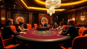 Jun88 table gaming experience with players engaging at a casino table, evoking excitement.