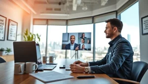 Headhunter Schweiz berät Klienten in modernem Büro mit Laptop und Unterlagen.