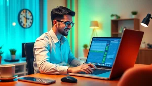 Explore a lively online betting scene showcasing a professional user engaged with a reliable platform at https://nhacaiuytinn.org/ in a modern office.