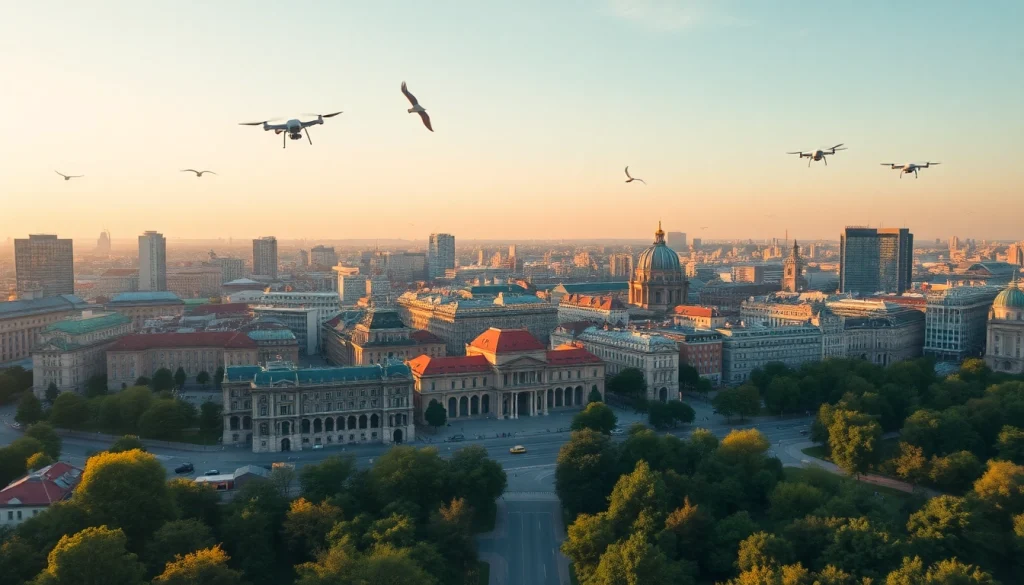Drohnenvideos Berlin zeigen faszinierende Luftaufnahmen der Berliner Skyline mit dramatischer Perspektive.