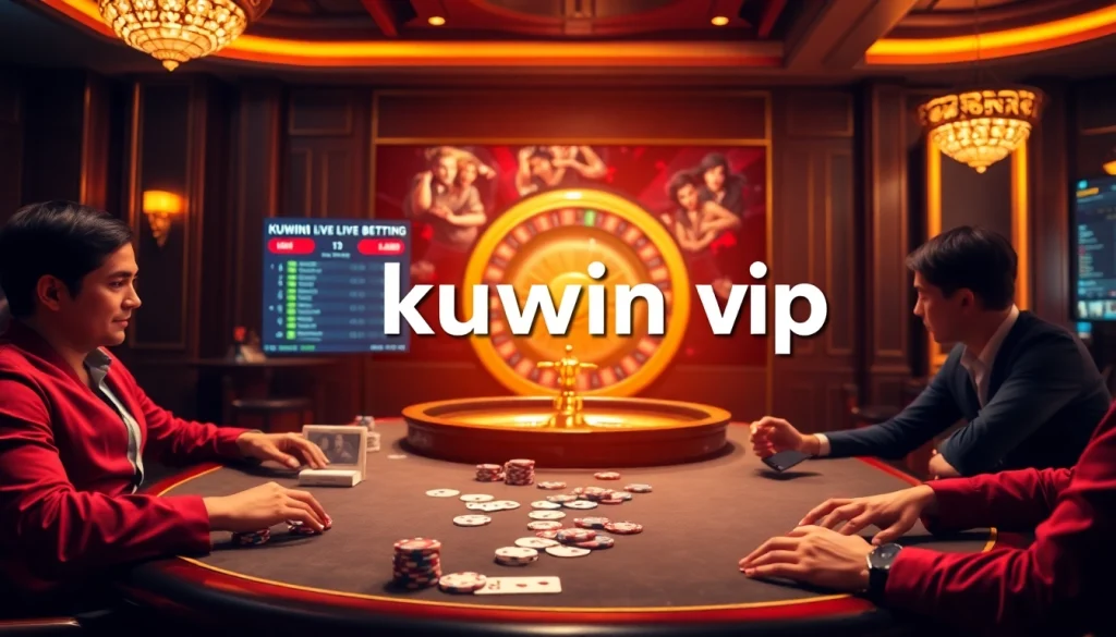 Experience the thrill of kuwin vip at a luxurious casino with poker tables and roulette wheels.