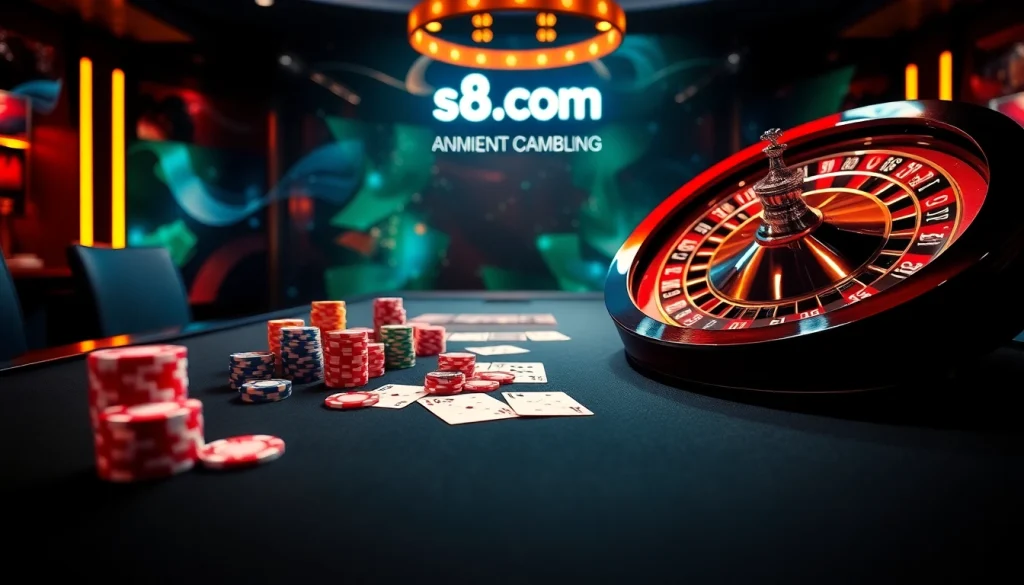 Experience thrilling gameplay at s8.com with vibrant casino tables, poker chips, and roulette wheels.