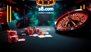 Experience thrilling gameplay at s8.com with vibrant casino tables, poker chips, and roulette wheels.