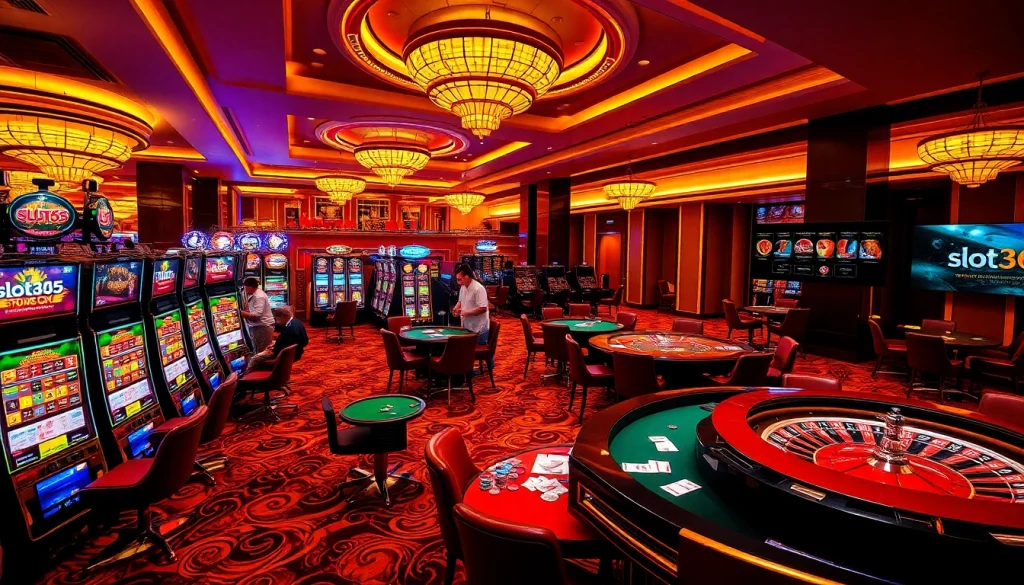 Experience the excitement of slot365 with vibrant slot machines and poker tables in a lively casino.