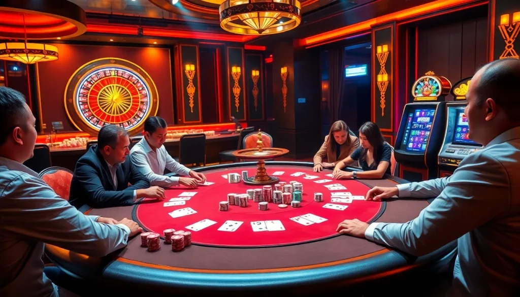 Kèo nhà cái betting strategies at an upscale poker table with players and vibrant casino elements.