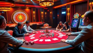 Kèo nhà cái betting strategies at an upscale poker table with players and vibrant casino elements.