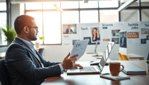 Headhunter IT reviewing resumes in a modern office setting with a laptop.