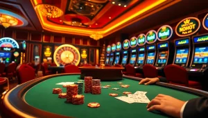 Exciting scene showcasing the vibrant atmosphere at nhà cái NOHU casino with poker, roulette, and slot machines.