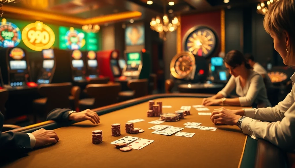Intense poker action at https://99ok.co.im/ featuring chips and cards in a luxurious casino setting.