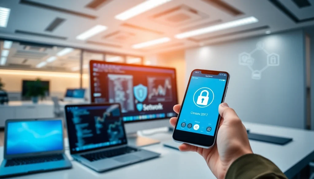 在现代办公室中的快连官网应用，展示高速网络连接与安全功能。