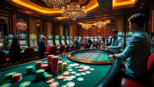Engage in thrilling gameplay at NHATVIP's exquisite casino with vibrant poker chips and elegant slot machines.