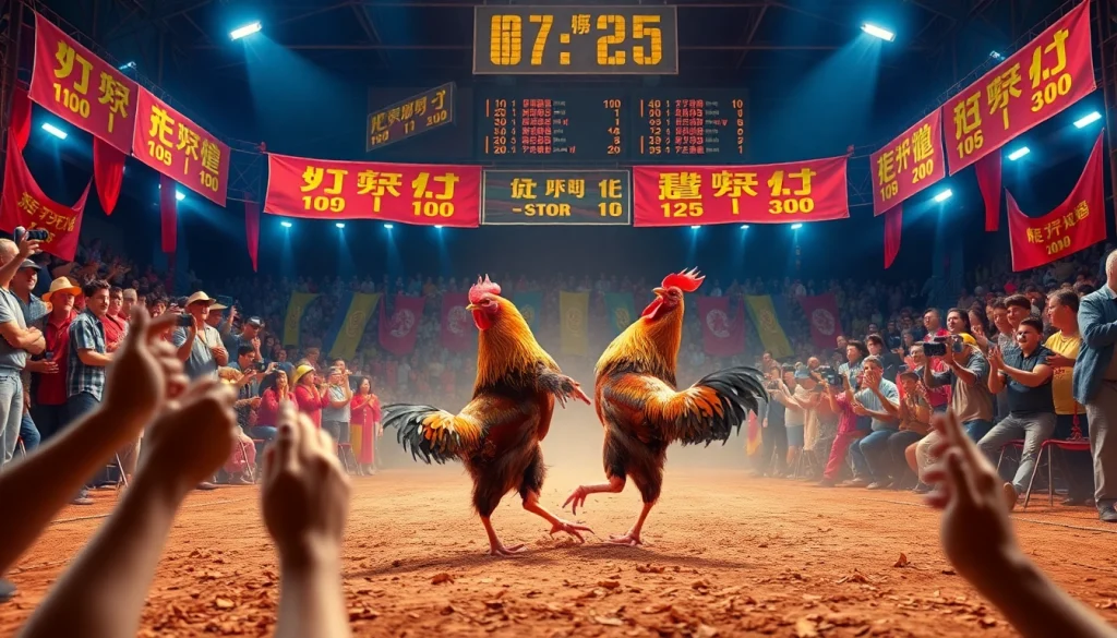 Witness an exciting đá gà trực tiếp event with spectators and live action in the arena.