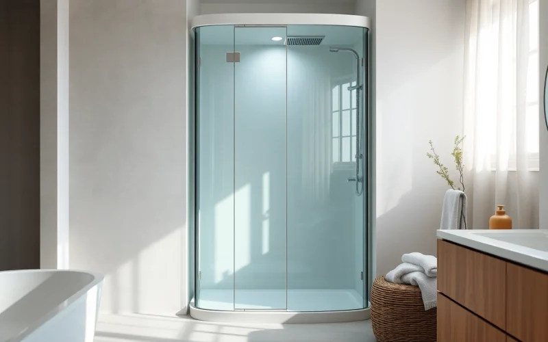 Duschkabine 90x90 komplett in einem modernen Badezimmer mit eleganten Glastüren und gemütlichem Ambiente.