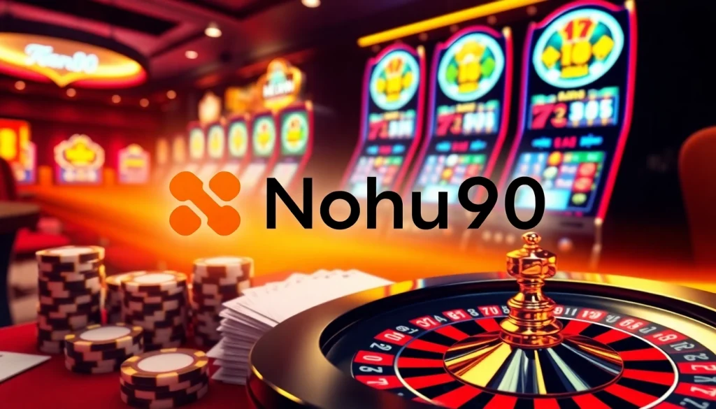 Nohu90's luxury online gambling interface with poker chips, roulette wheel, and slot machines