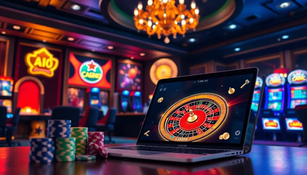 Cazinouri online germania fără depunere, prezentând o scenă vibrantă de casino online cu ruletă și fise de poker.