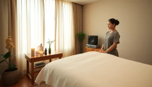 오산출장마사지용 편안한 실내 환경으로, 마사지 테이블과 차분한 장식, 전문 마사지사가 배치된 모습.