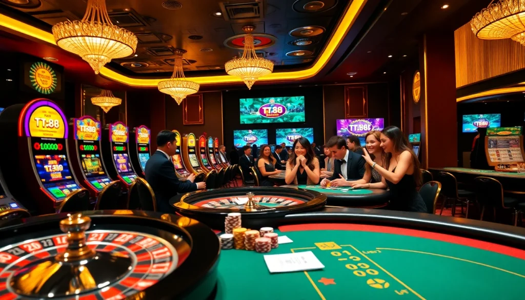 Exciting gaming action at TT88 with vibrant casino tables, poker chips, and enthusiastic players.