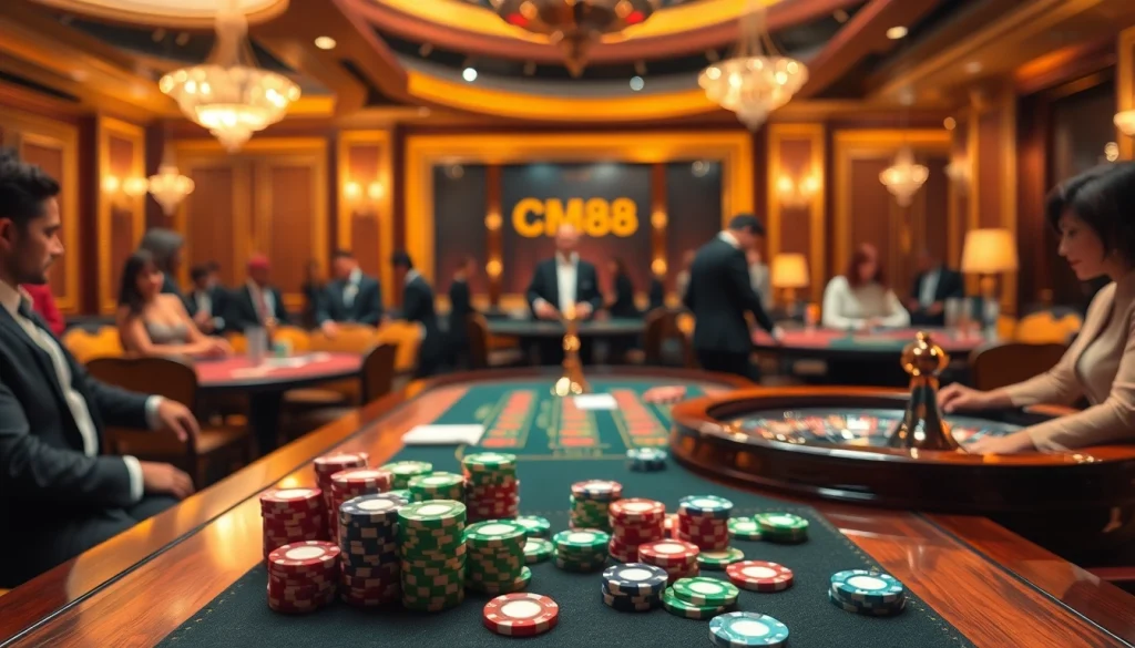 Experience the thrill of gambling at a luxurious casino featuring CM88 themes and vibrant poker action.