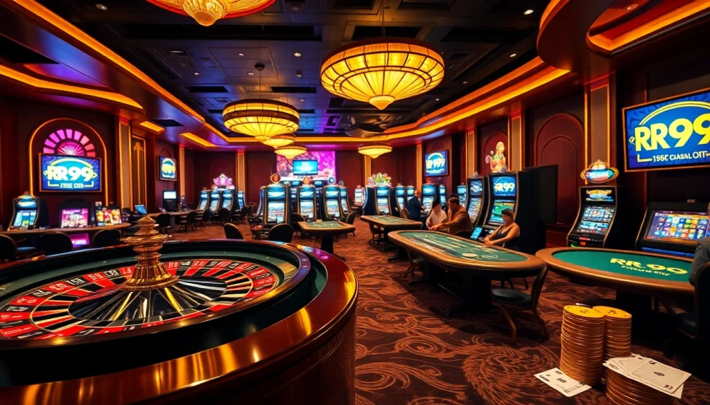 Experience the excitement of RR99 with vibrant casino visuals featuring thrilling games and players.