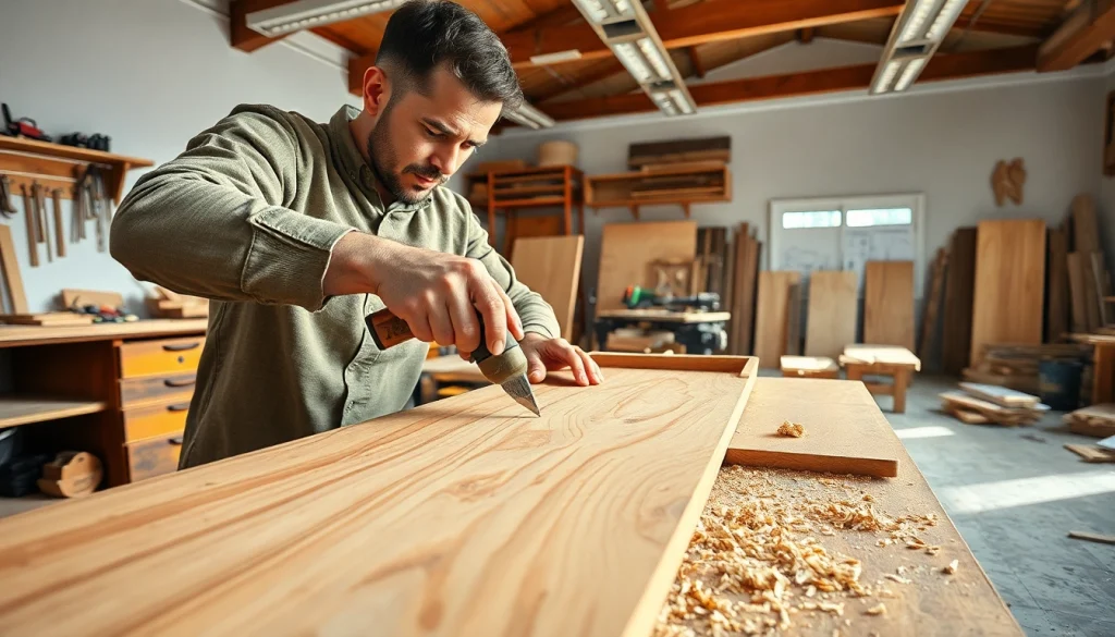 Carpenter diligently constructing a unique wooden furniture piece in a well-equipped workshop.