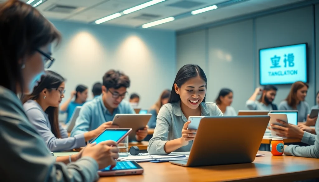 Dynamic learning scene featuring students using 有道 digital translation tools in a modern classroom environment.