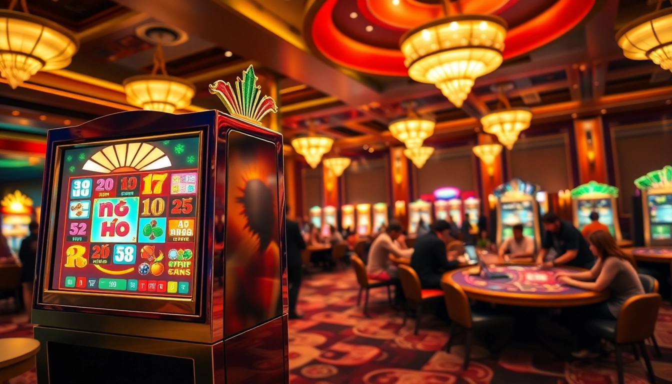 Experience the thrill of nổ hũ with a vibrant slot machine surrounded by excited players.