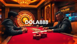 DOLA88 casino scene featuring players engaged in poker with chips and roulette table.
