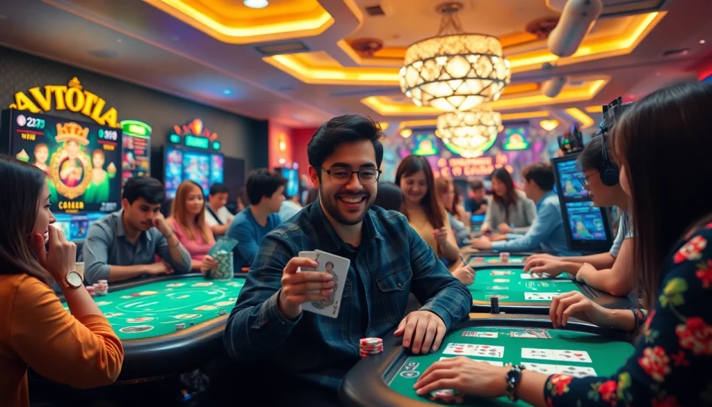 Top game đổi thưởng scene showcasing enthusiastic players in a vibrant online gaming environment.