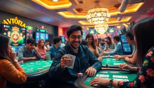 Top game đổi thưởng scene showcasing enthusiastic players in a vibrant online gaming environment.