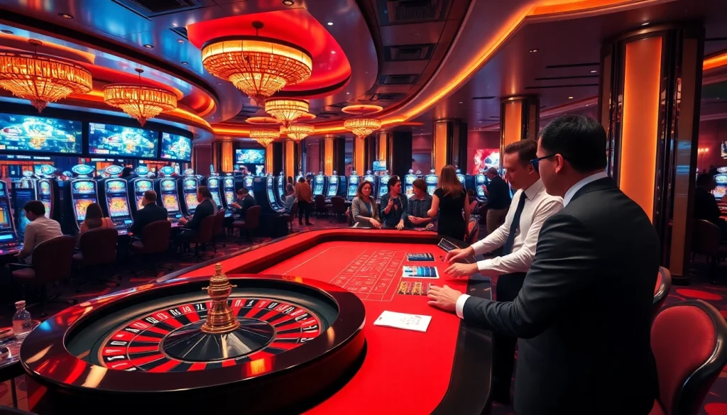 Enjoy thrilling games at https://f168.sarl/; players at a lush casino immersing in poker and slots.