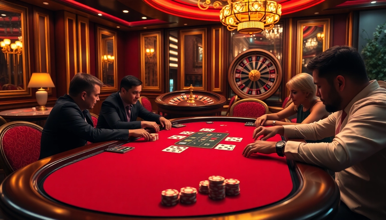 Players enjoying an exciting poker game at 789club casino table with vibrant decor.