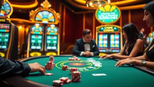 S8 players enjoying a thrilling casino experience at a vibrant gambling table surrounded by slot machines.