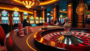 Engage in thrilling gameplay at https://gk88.toys/ with vibrant poker chips and a spinning roulette wheel.