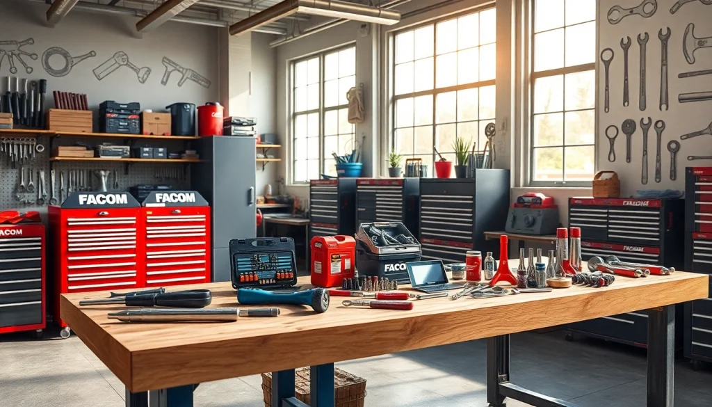 Hochwertige FACOM werkzeuge in einer professionellen Mechanikerwerkstatt ausgestellt.