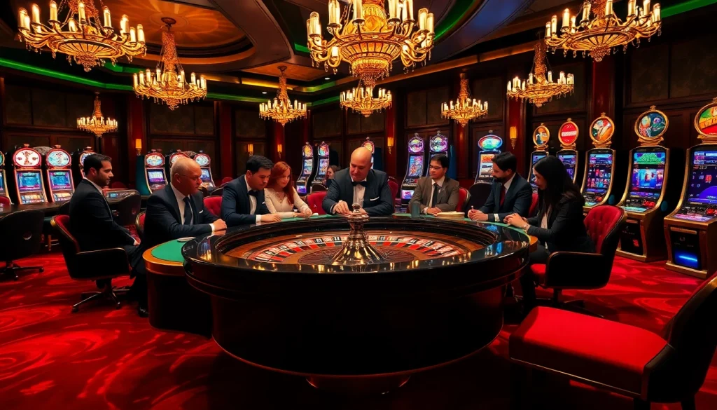 Players enjoying a luxurious S8 casino experience at a vibrant roulette table with high-stakes betting.
