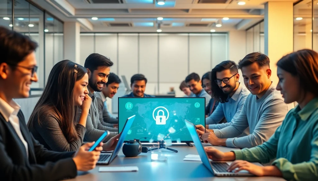 快连官网 展示一个现代化工作空间，人员使用设备实现安全的互联网连接。