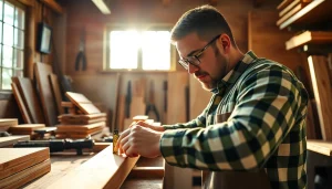 Carpenter measuring wood in a well-lit workshop, showcasing skilled craftsmanship.