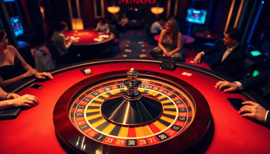 Players enjoying live casino games at an MMOO gambling table, showcasing vibrant roulette and poker action.