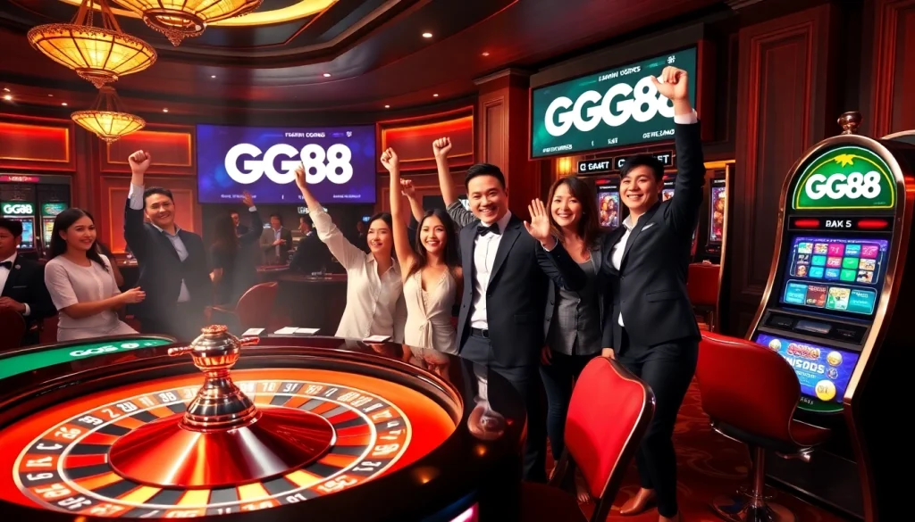 Excited players enjoying games at GG88’s luxurious casino, featuring slots and poker tables.