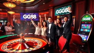 Excited players enjoying games at GG88’s luxurious casino, featuring slots and poker tables.