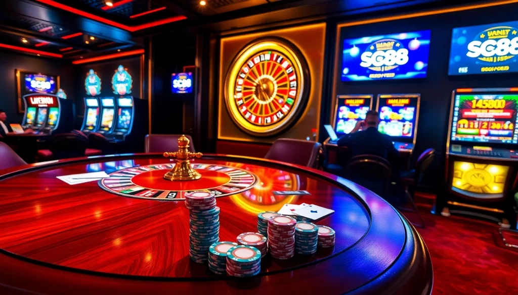SC88 players enjoying an exciting game at a luxurious casino table with vibrant poker chips.