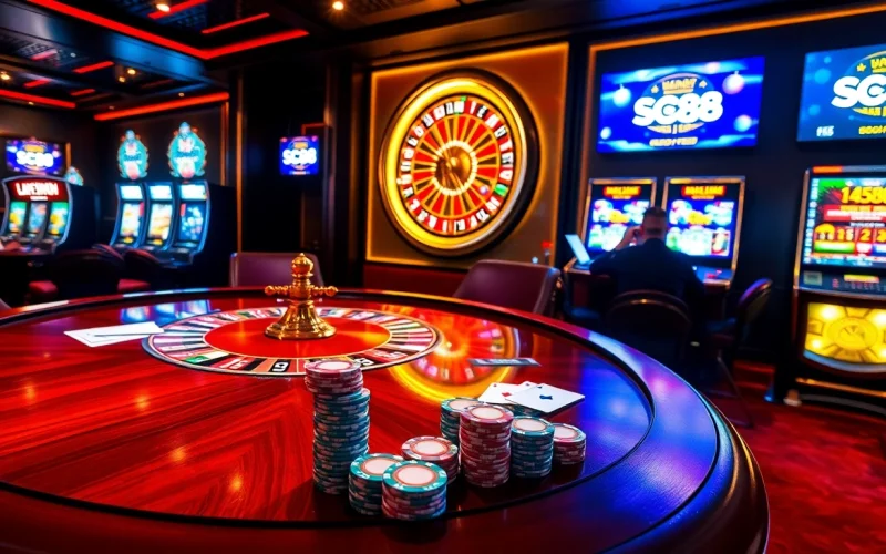 SC88 players enjoying an exciting game at a luxurious casino table with vibrant poker chips.