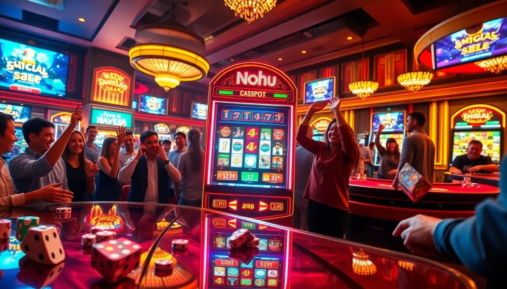 Casino players celebrating a win at the game nohu slot machine with vibrant visuals and engaging atmosphere.