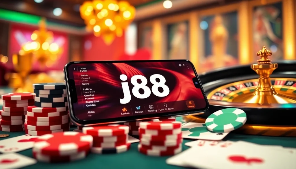 Exciting gaming action on the j88 app displayed on a smartphone among casino chips and a roulette wheel.
