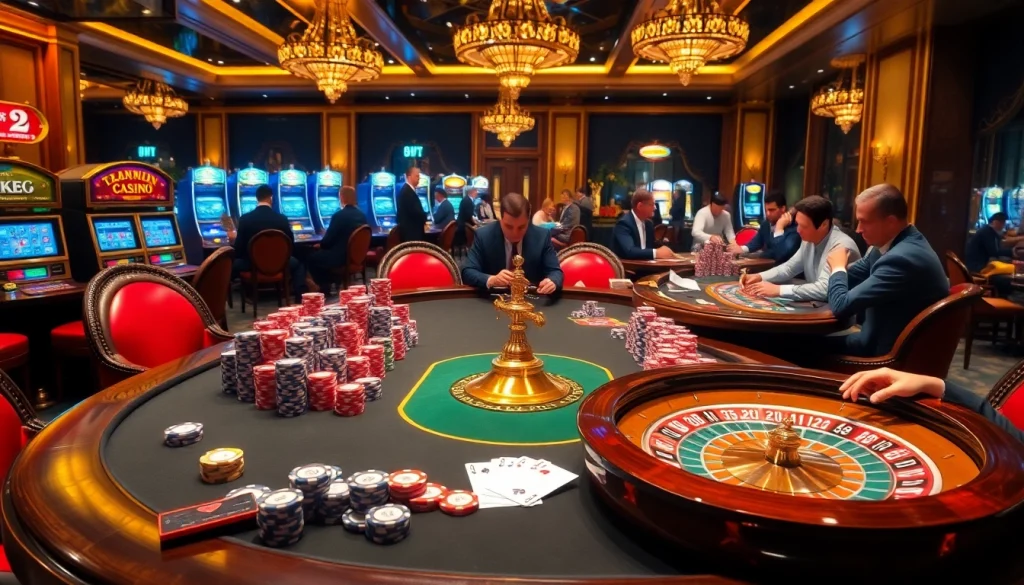 Experience thrilling gameplay at the CM88 casino, featuring poker tables, vibrant chips, and glamorous ambiance.