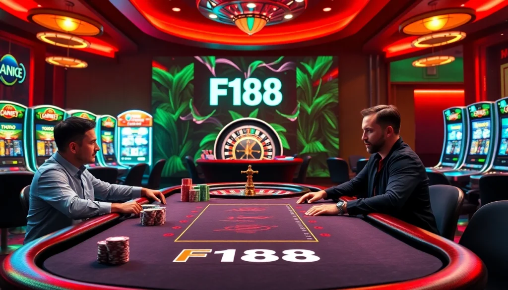 F168 poker players captivated by high-stakes action at a luxurious casino table.