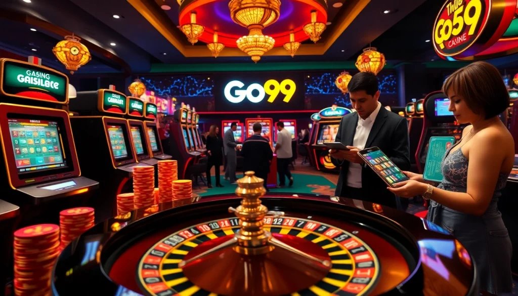 Experience the thrill of Go99 with a vibrant online casino scene featuring slot machines and poker chips.