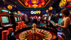 Experience the thrill of Go99 with a vibrant online casino scene featuring slot machines and poker chips.